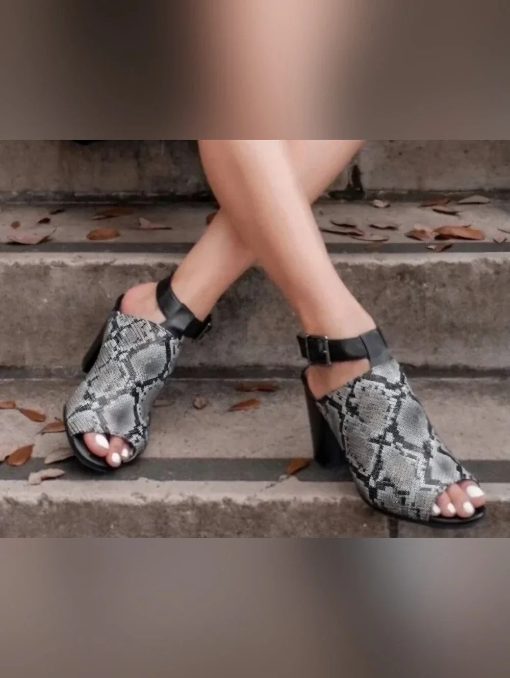 Vionic Kaia Snake Print BLACK GRAY Ankle Strap Block Heels Peep Toe Size 8W
